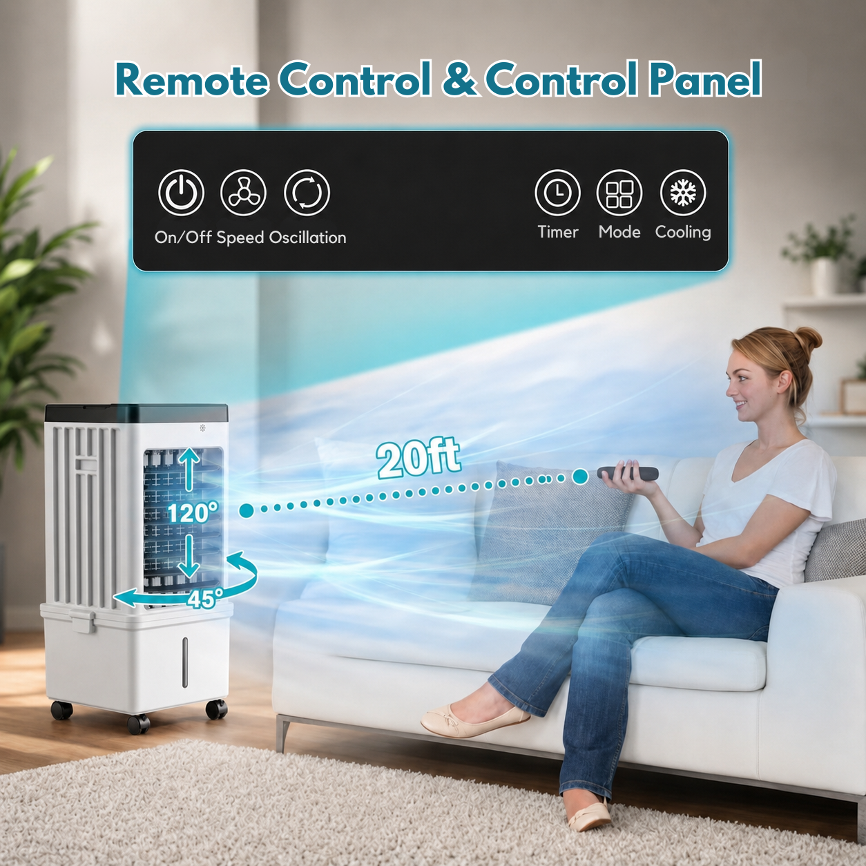Portable Air Conditioner | Evaporative Cooler, 3 Speeds | Remote Control, 12 h Timer