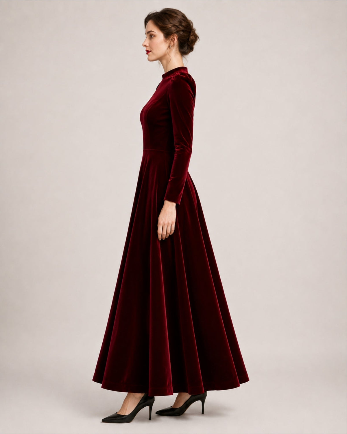 Women Velvet Midi Dress Long Sleeve A Line