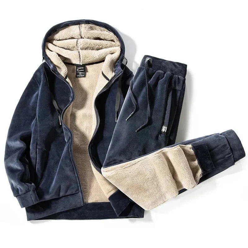 Men 2 piece fleece tracksuit set with hooded jacket and pants for winter