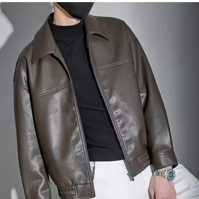 Men slim fit leather jacket stand collar zip closure