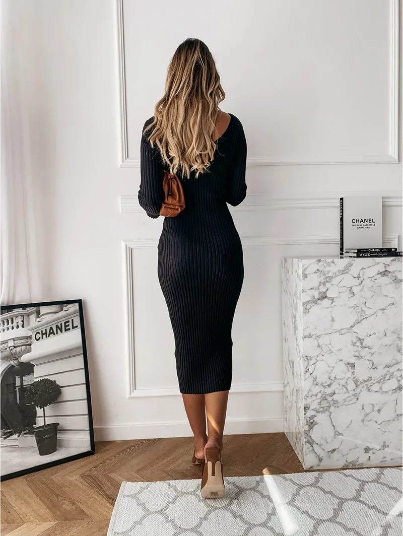 Knit Midi Dress | Women's V Neck, Long Sleeve | Casual Knit Style