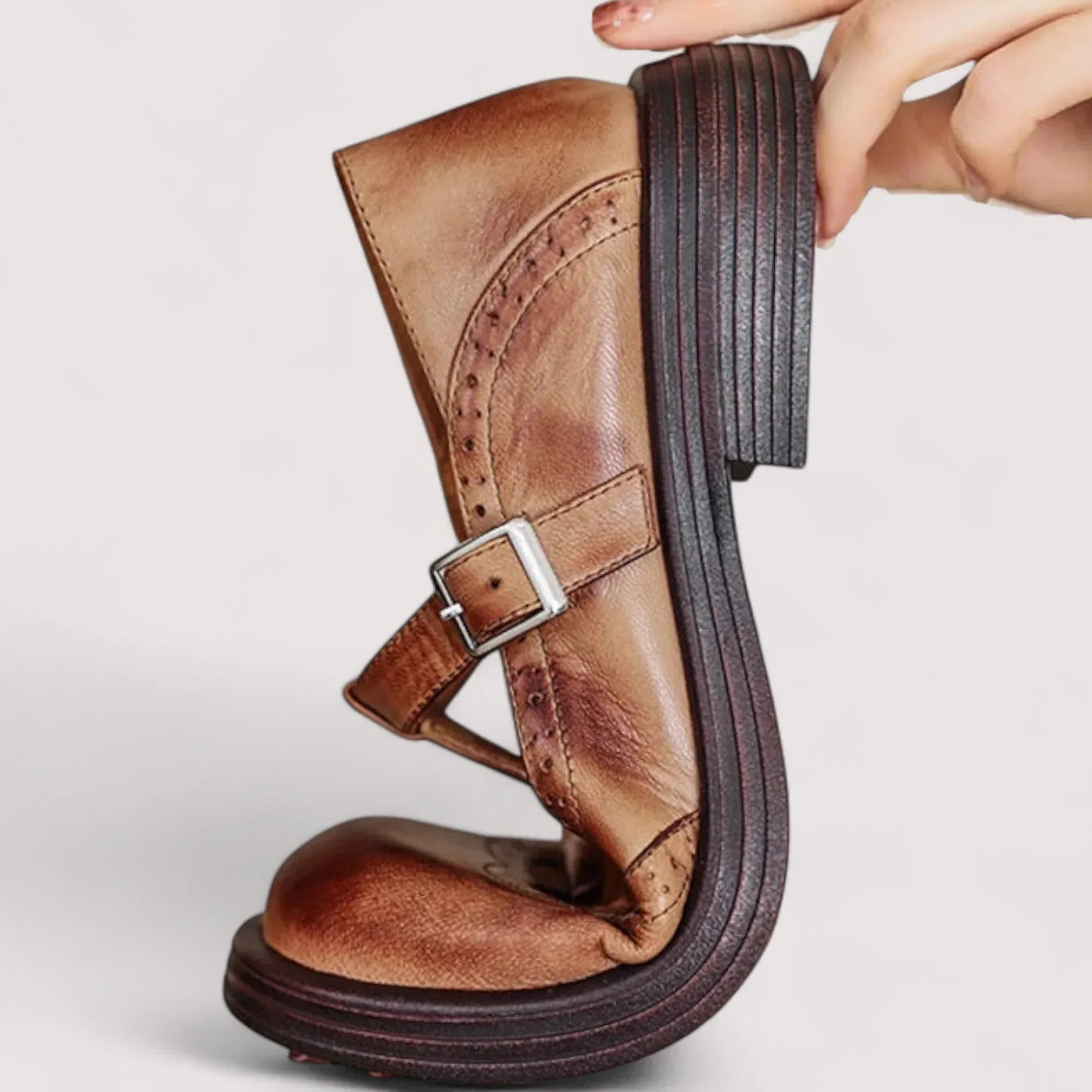 Women's Mary Jane Shoes | Leather Brogue Flats | Buckle Strap