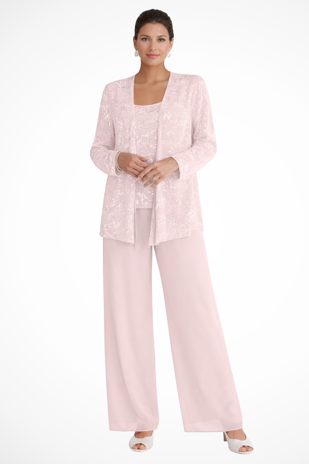 Women 3 piece sequin lace jacket wide leg trouser suit in silver for party and wedding