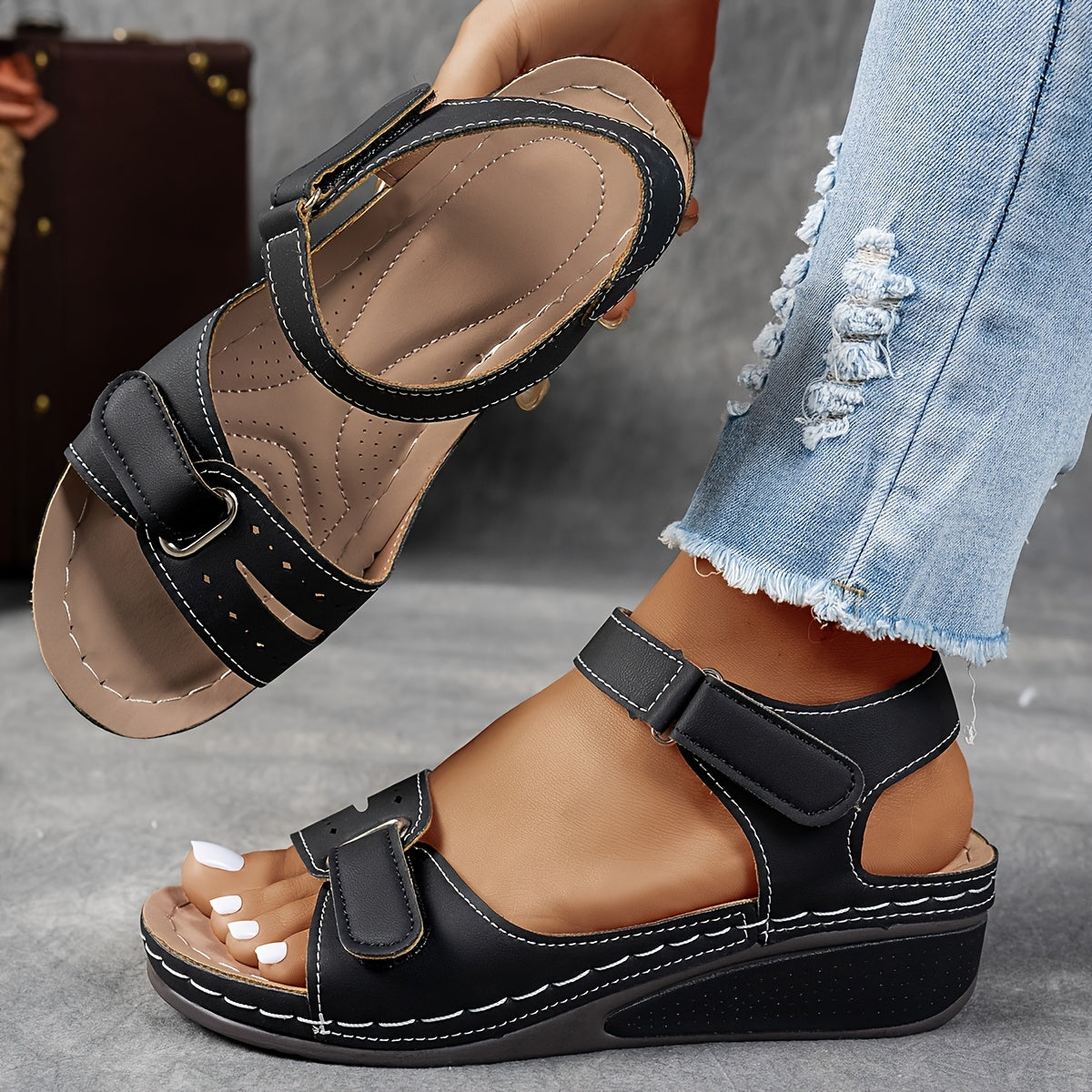 Women's Cushioned Leather Sandals | Adjustable Strap, PU Leather