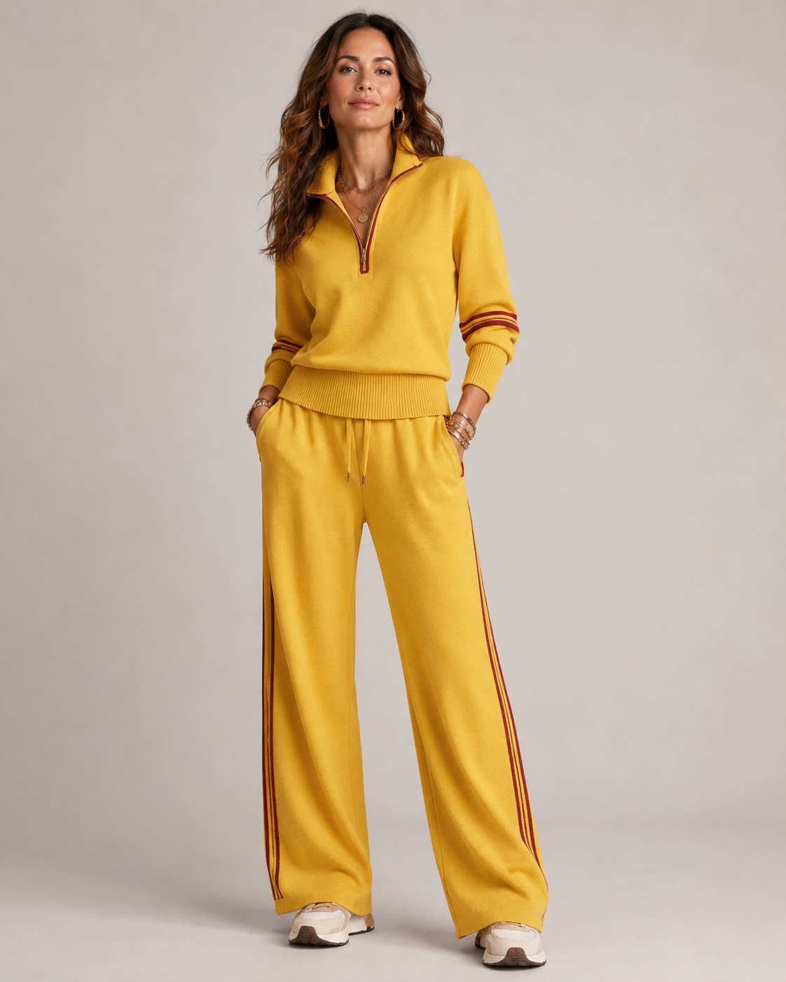 Women 2 Piece Zip Sweatshirt Wide Leg Set with stripe trim detail