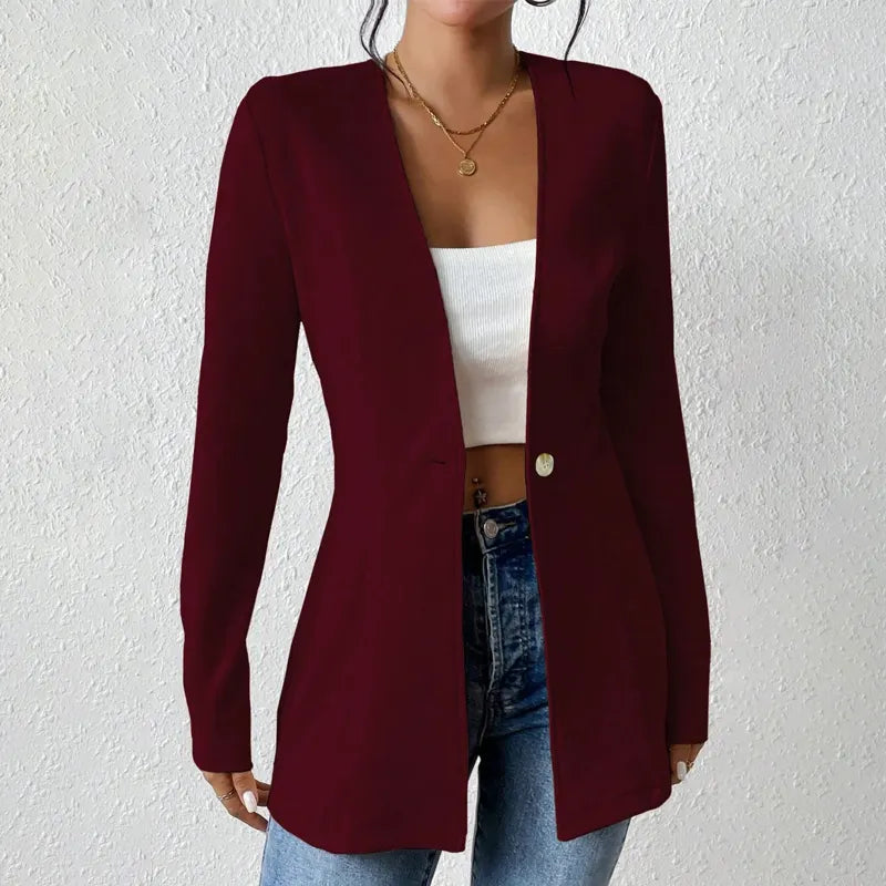 Women tailored single button blazer structured silhouette open lapel