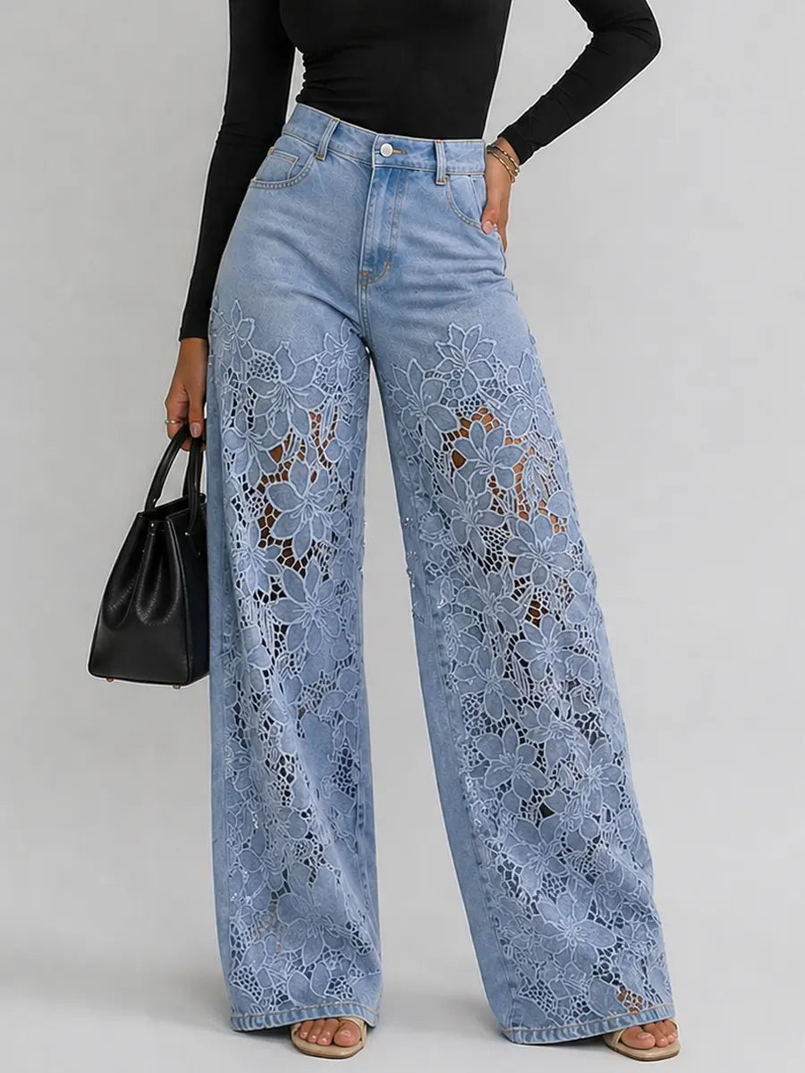 Women denim wide leg pants with floral lace panels high waist