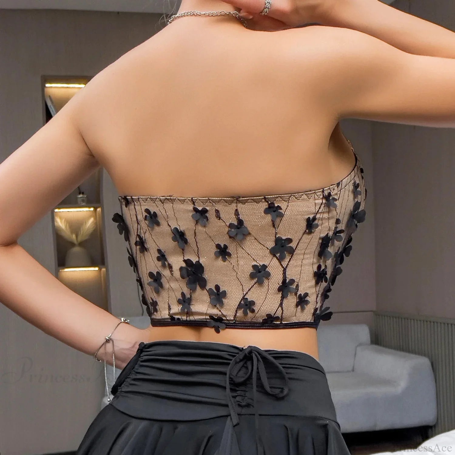 Floral Crop Top Corset | 3D Fishbone, Slim Fit | Coffee