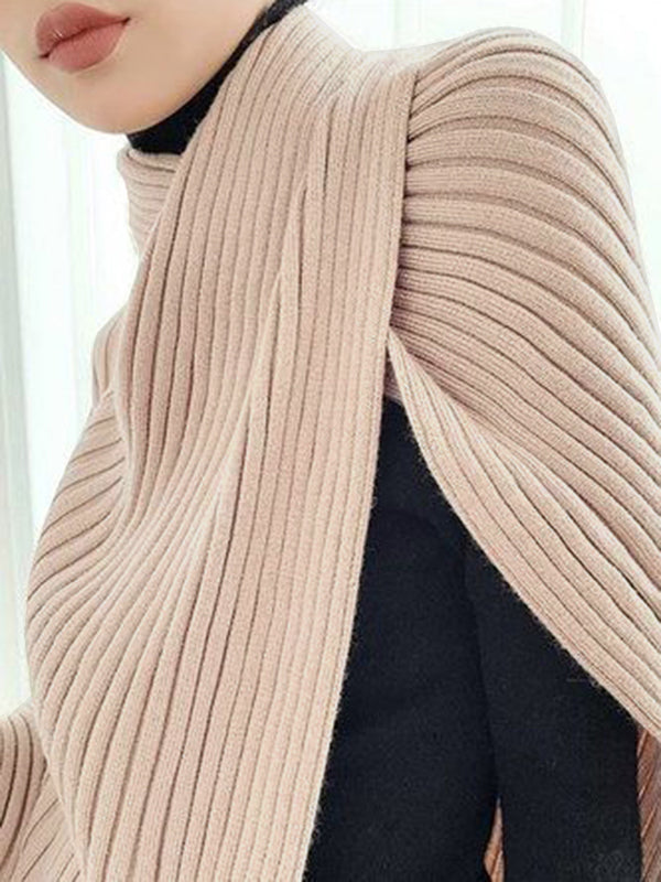 Women viscose knit sweater top asymmetric hem high neck loose fit