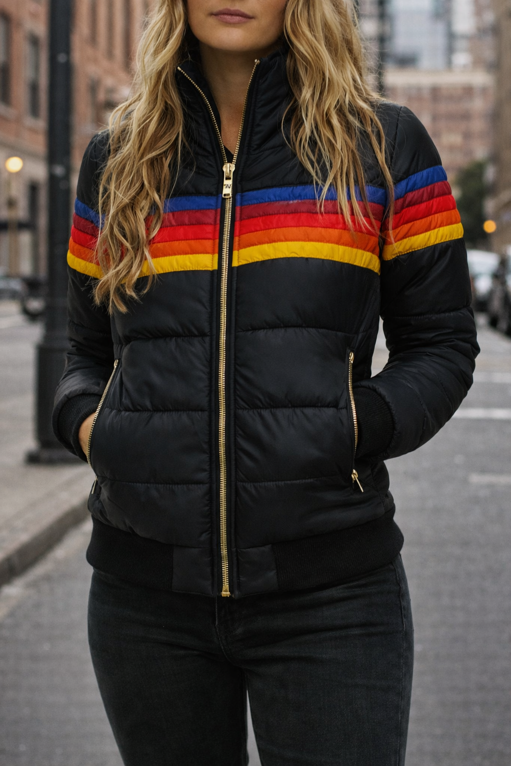 Women colour block puffer jacket hooded quilted insulated winter