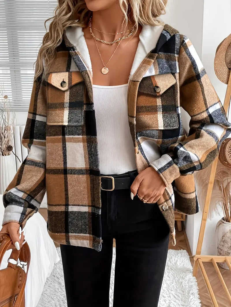 Plaid hooded jacket women with fleece lining and hood