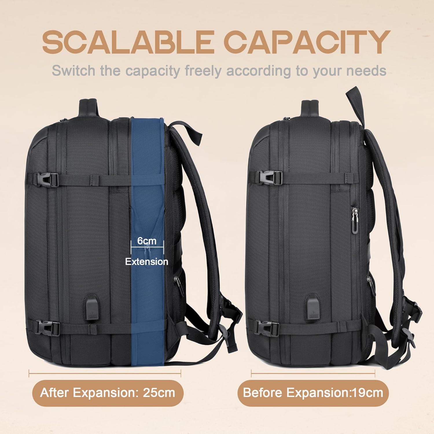 Travel Backpack 40L | Expandable, Waterproof, USB Charging, 17" Laptop