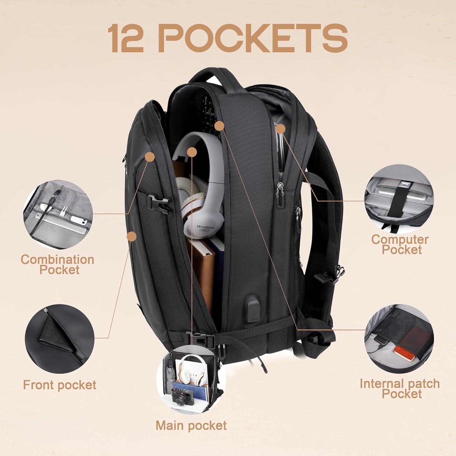 Travel Backpack 40L | Expandable, Waterproof, USB Charging, 17" Laptop