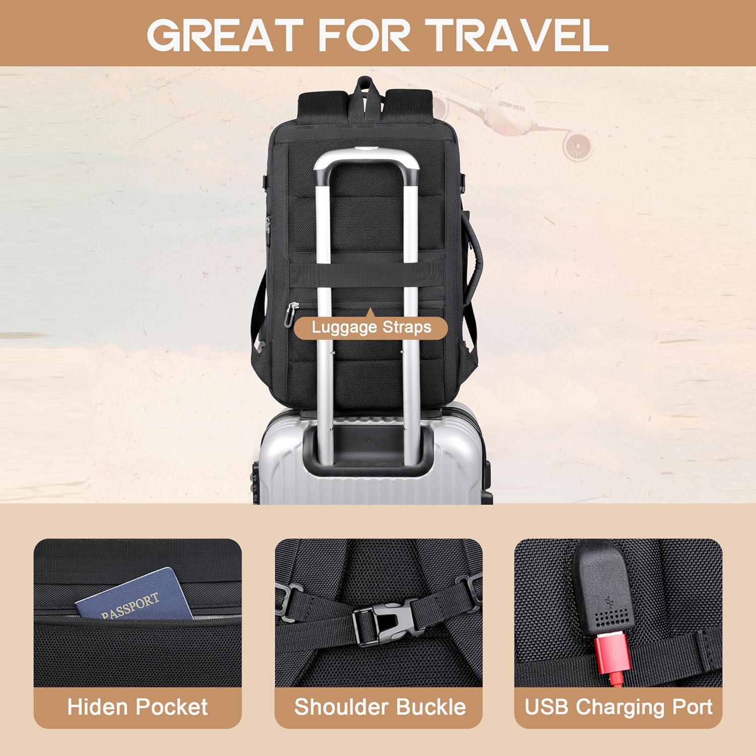 Travel Backpack 40L | Expandable, Waterproof, USB Charging, 17" Laptop