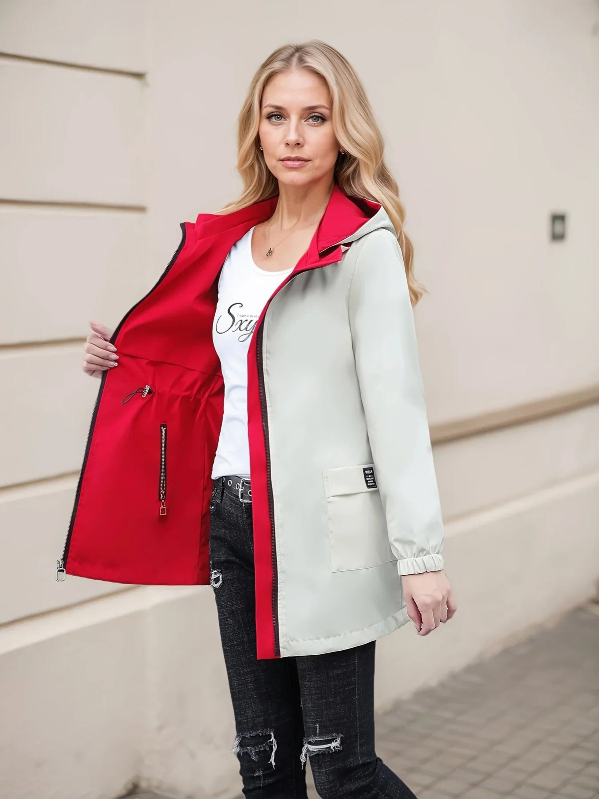 Womens reversible hooded jacket mid length with zip and button closure