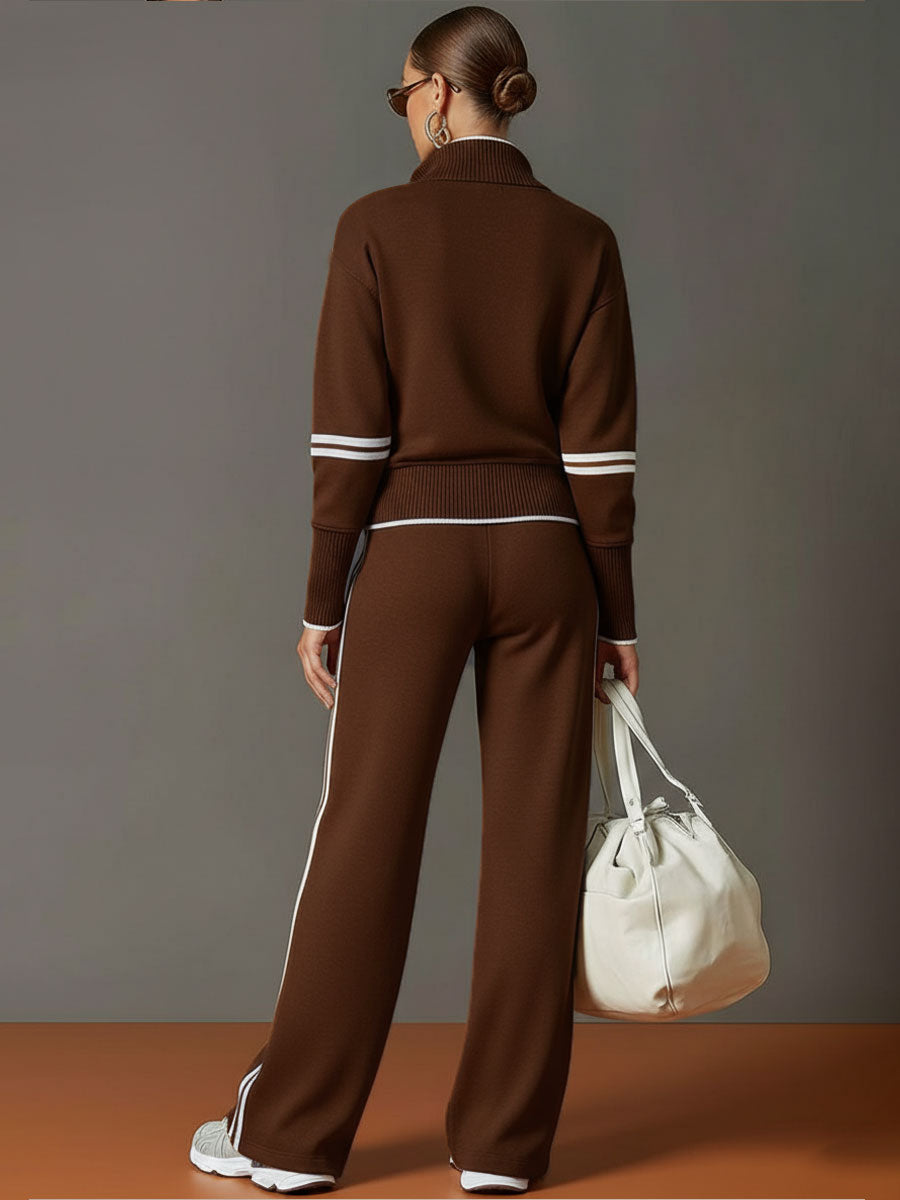 Womens 2 piece zip sweatshirt wide leg set with cotton blend and striped trim