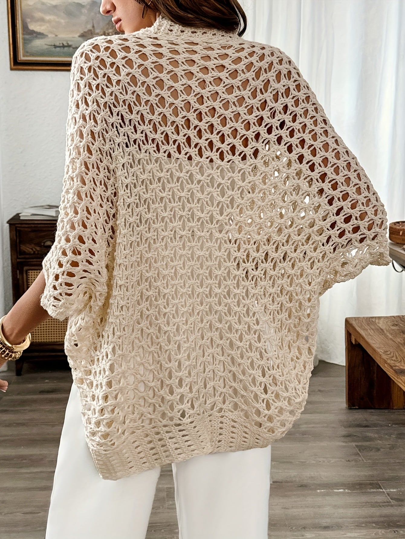 Women's Knit Cardigan | Open Weave, Draped Fit | Beige