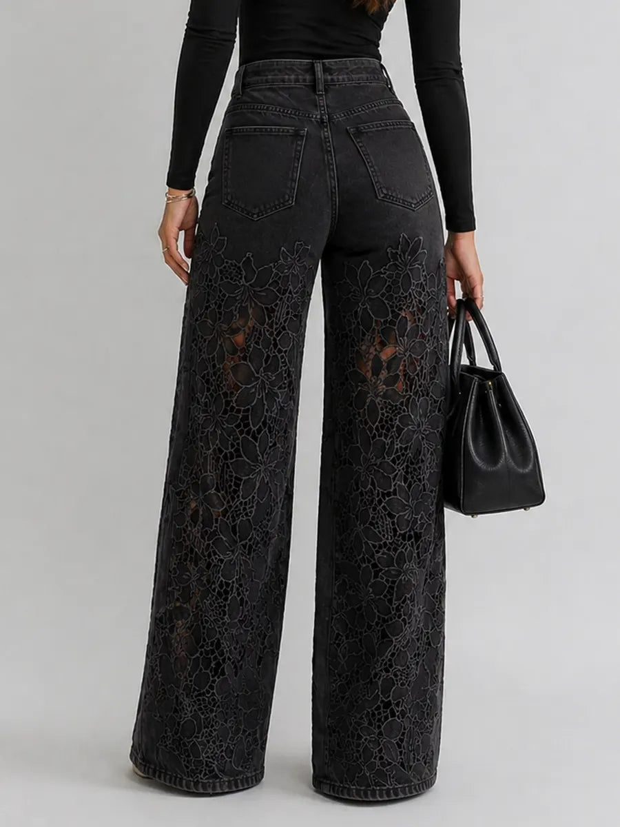 Women denim wide leg pants with floral lace panels high waist