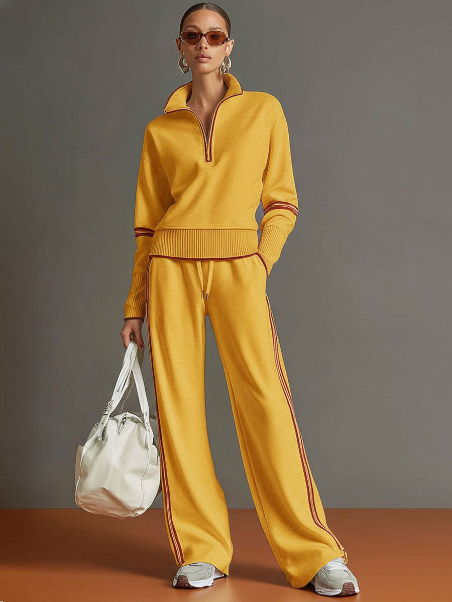 Womens 2 piece zip sweatshirt wide leg set with cotton blend and striped trim