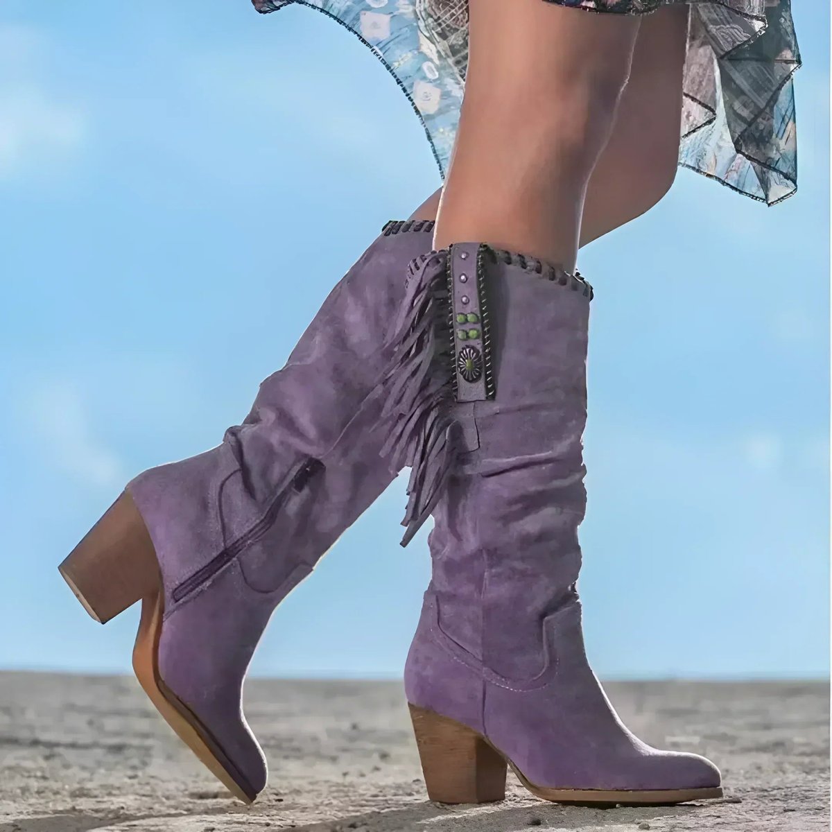 Women's Knee High Boots | Western Fringe Suede | Block Heel