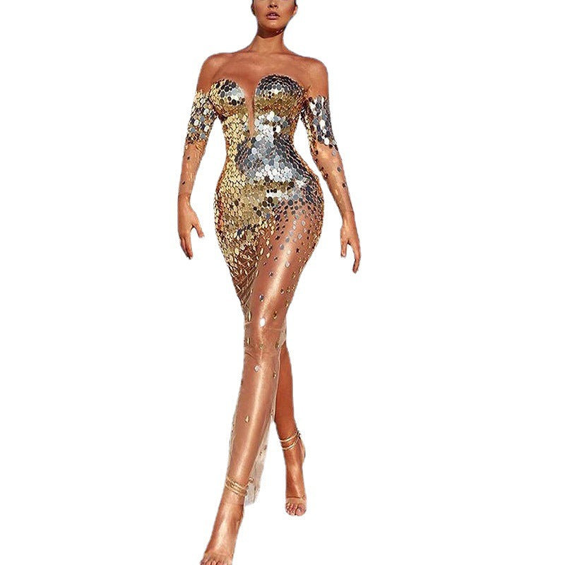 Sequin Dress | Gold Banquet Evening Gown | Women's Elegant