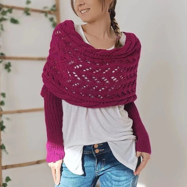 Women everything winter knit shawl scarf wrap with double sleeves in multiple colours