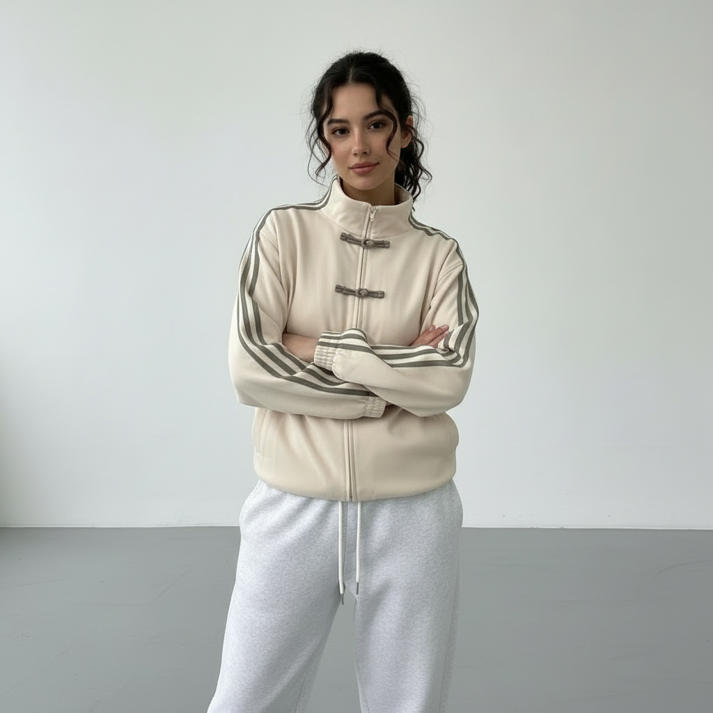 Women retro velour track jacket with contrast sleeve stripes and button closure