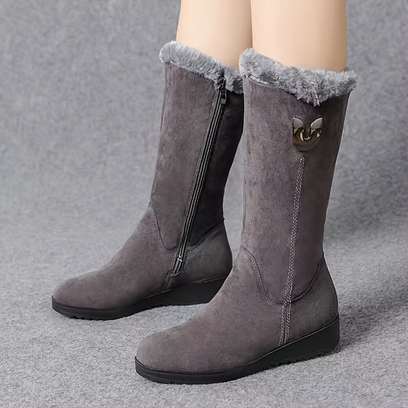 Women mid-calf boots with fur trim fold-over cuff and side zip
