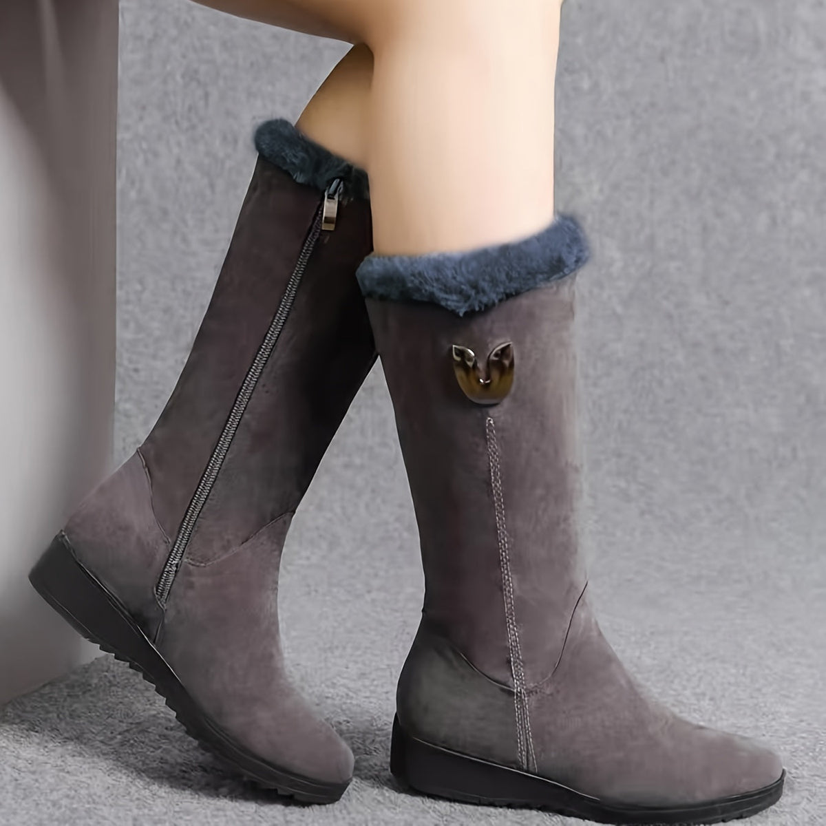 Women mid-calf boots with fur trim fold-over cuff and side zip