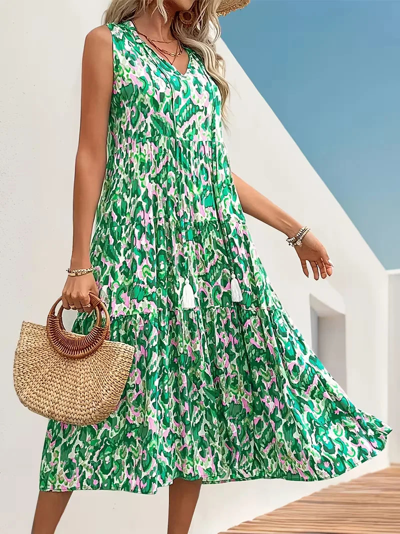 Linen Loose Summer Dress | Bohemian A-Line, V-Neck | Colorful