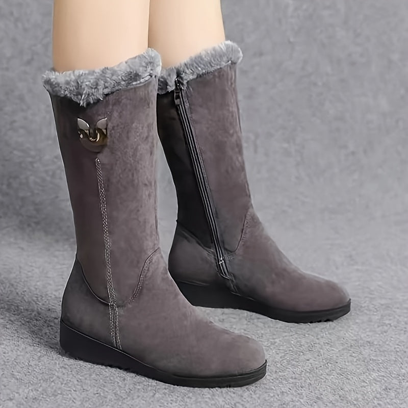 Women mid-calf boots with fur trim fold-over cuff and side zip