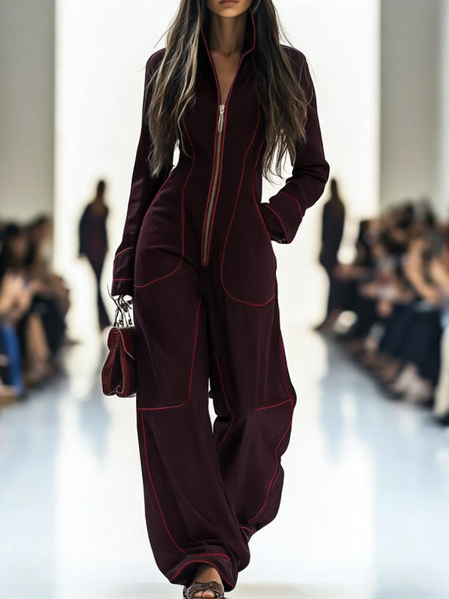 Denim Jumpsuit | Wide Leg, Long Sleeve, Mock Neck