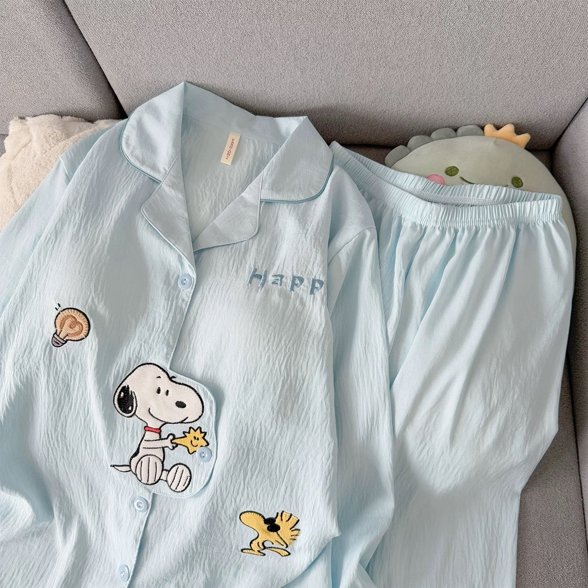 Women 2 piece padded nightsuit set with Snoopy print in light blue
