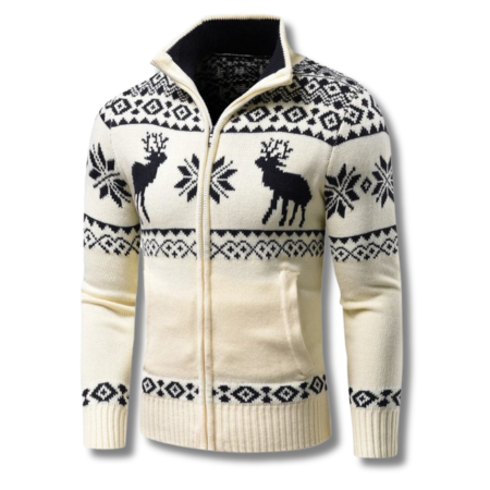 Mens full zip knitted jumper with jacquard print and stand collar for winter