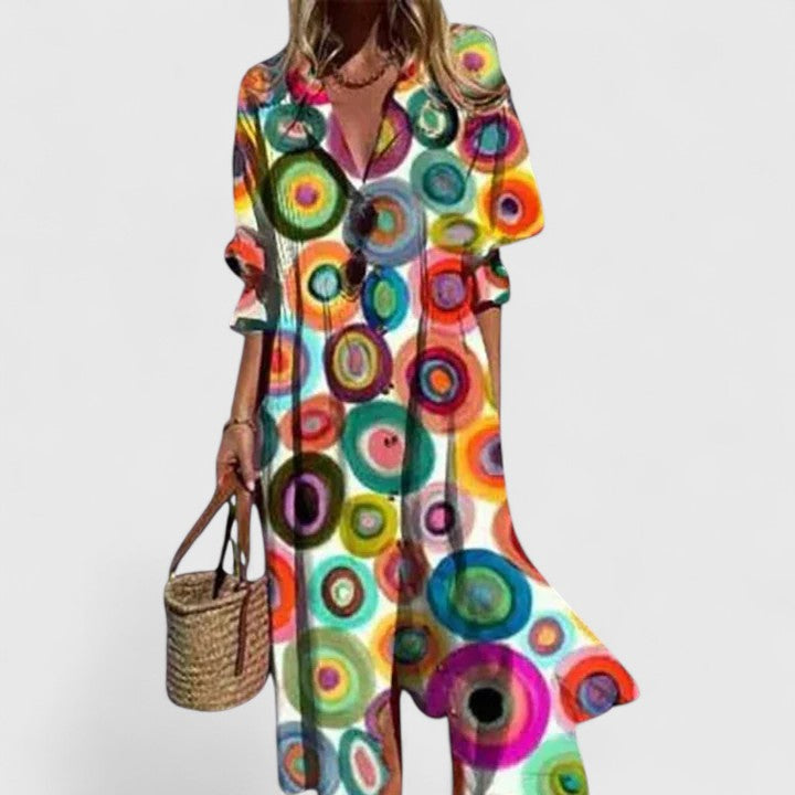 Women boho floral dress relaxed fit vibrant pattern multicolour