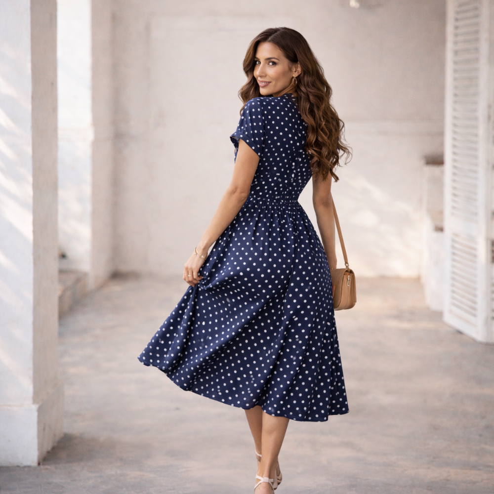 Polka Dot Dress Casual Midi Dress with Lace and Buttons