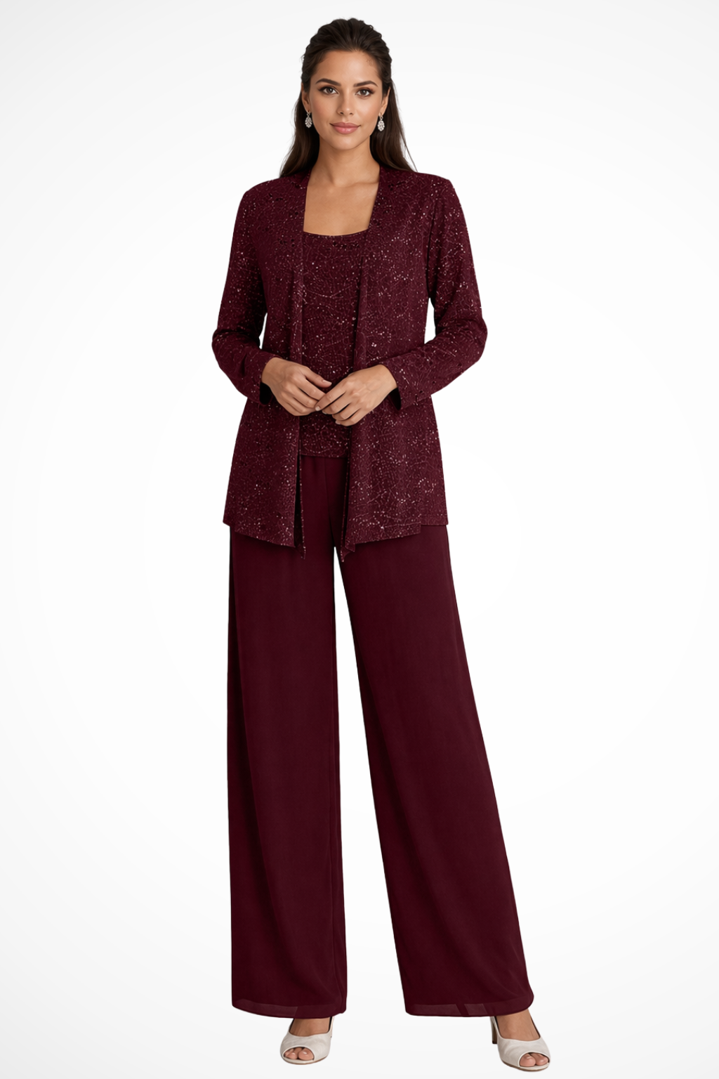 Women 3 piece sequin lace jacket wide leg trouser suit in silver for party and wedding