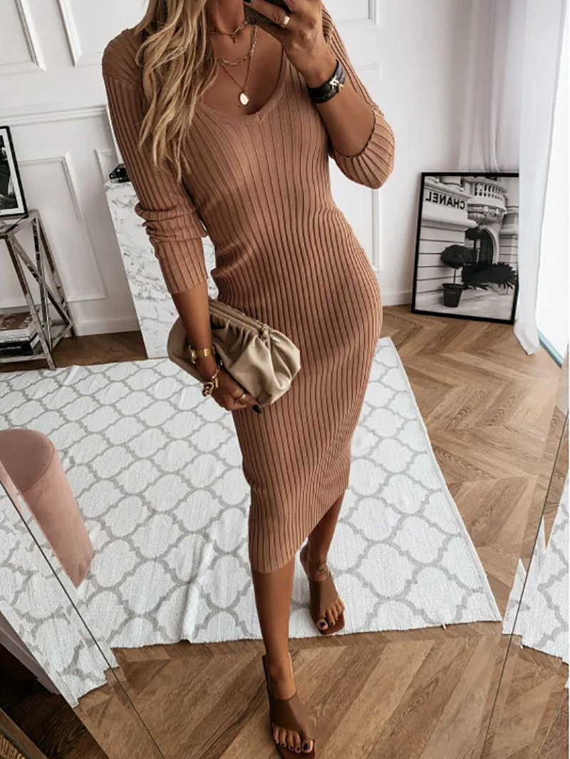Knit Midi Dress | Women's V Neck, Long Sleeve | Casual Knit Style
