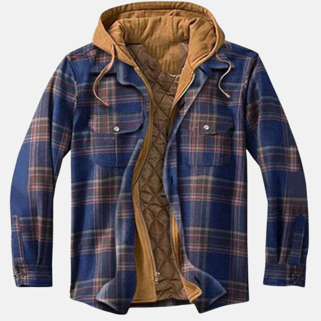 Plaid hooded jacket men lined warm winter casual