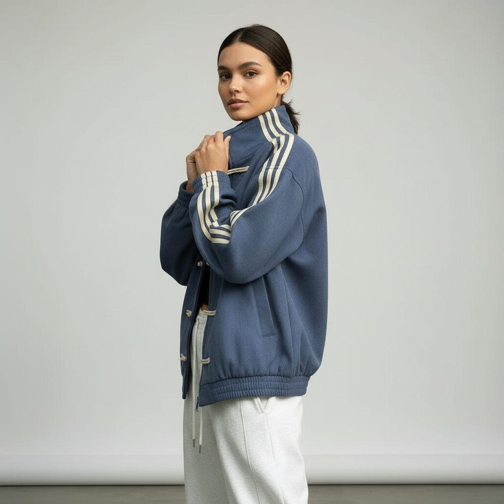 Women retro velour track jacket with contrast sleeve stripes and button closure