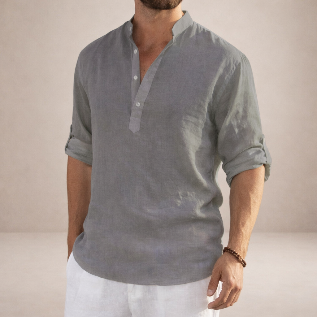 Men's Linen Shirt | Regular Fit, Long Sleeves, Standing Collar
