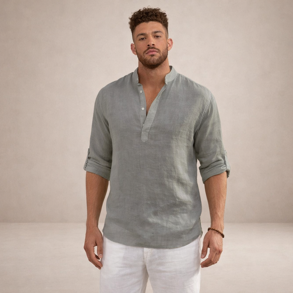 Men's Linen Shirt | Regular Fit, Long Sleeves, Standing Collar