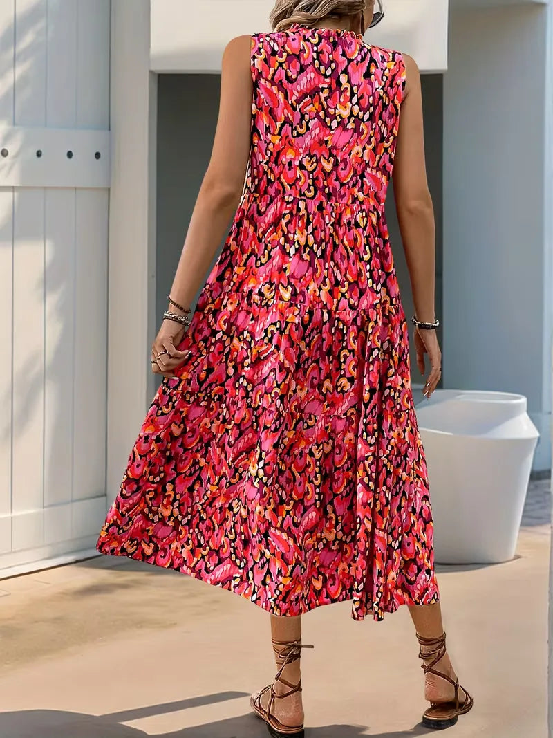 Linen Loose Summer Dress | Bohemian A-Line, V-Neck | Colorful