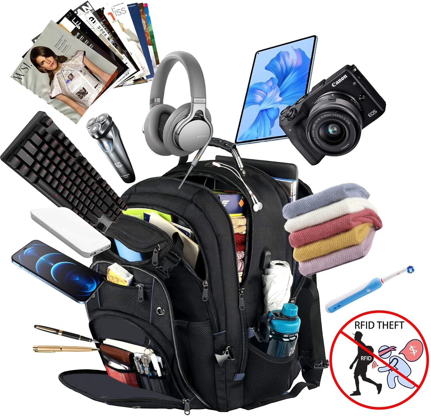 Travel Backpack | 55L Laptop Rucksack, USB Charging & RFID Security