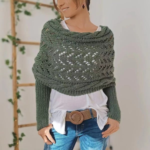 Women everything winter knit shawl scarf wrap with double sleeves in multiple colours