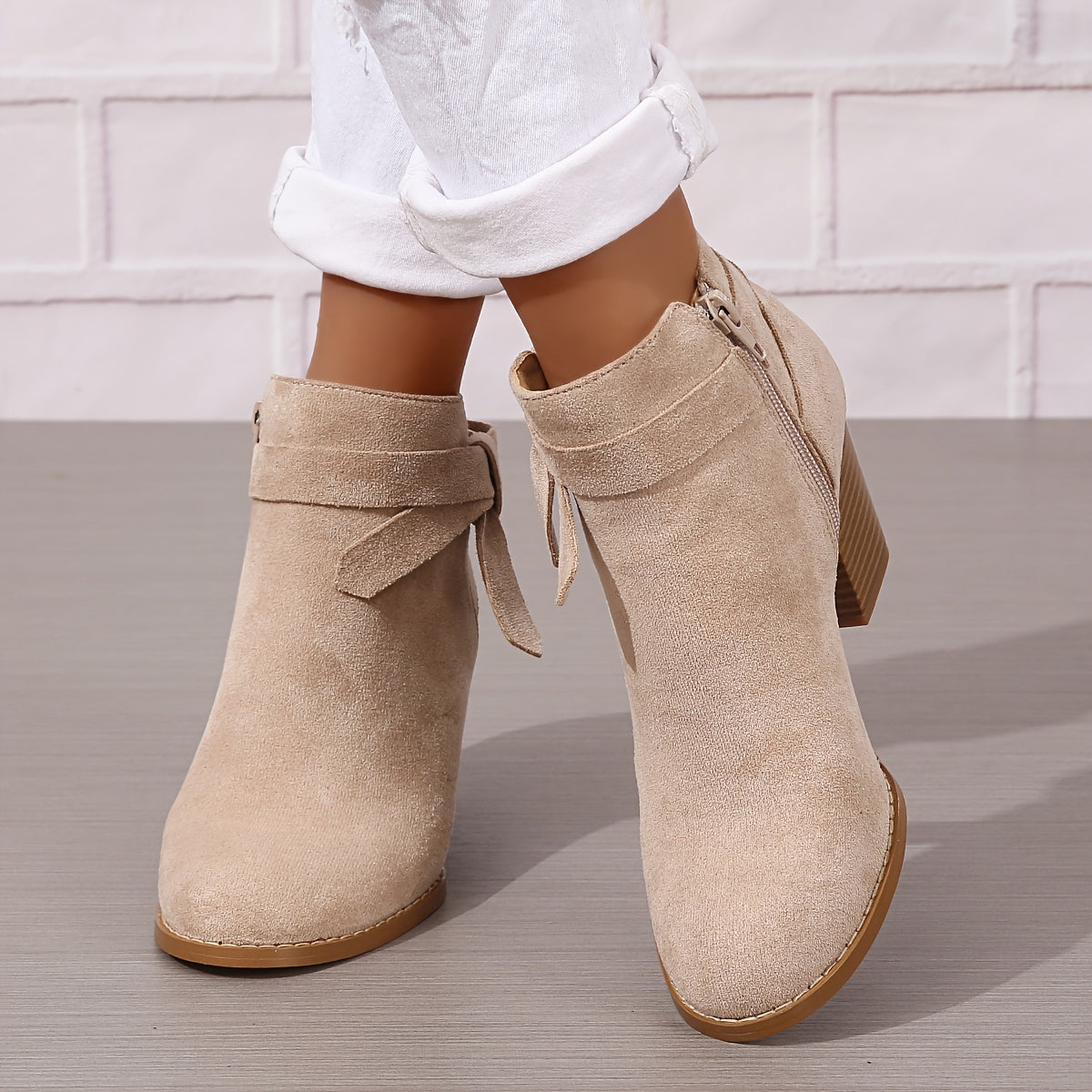 Women pointed toe block heel ankle boots with bow detail and side zip