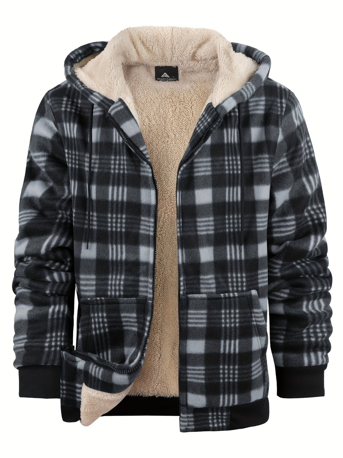 Plaid hooded jacket men lumberjack style with plush lining and front zip
