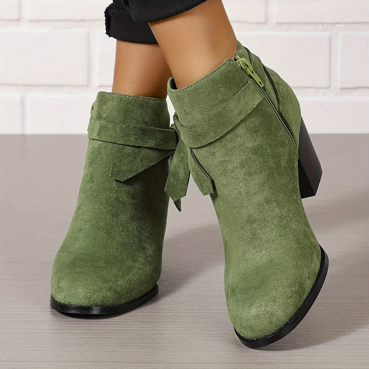 Women pointed toe block heel ankle boots with bow detail and side zip