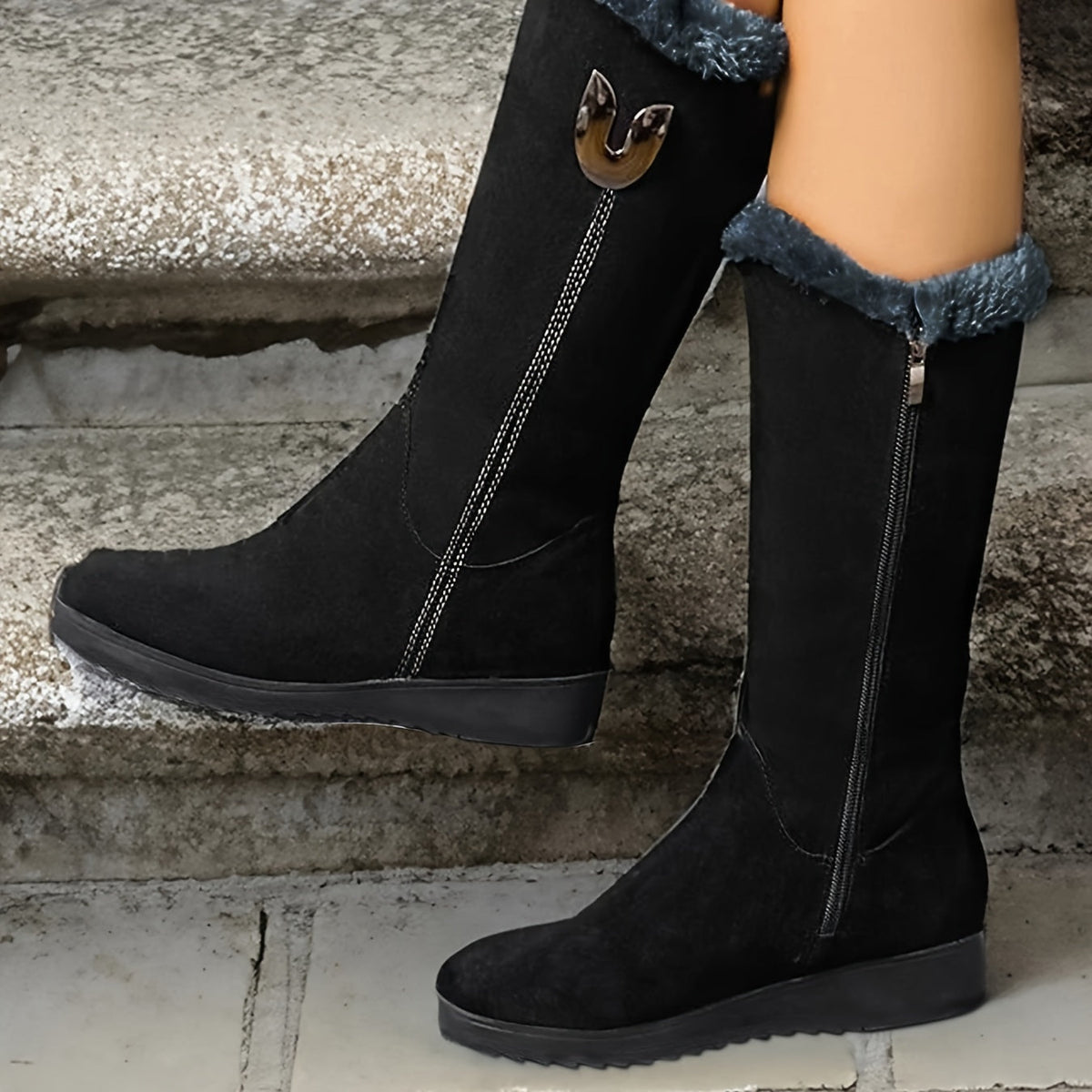 Women mid-calf boots with fur trim fold-over cuff and side zip