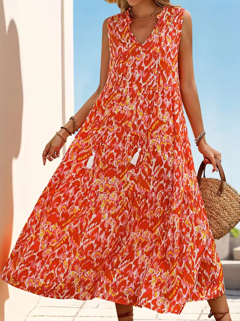 Linen Loose Summer Dress | Bohemian A-Line, V-Neck | Colorful